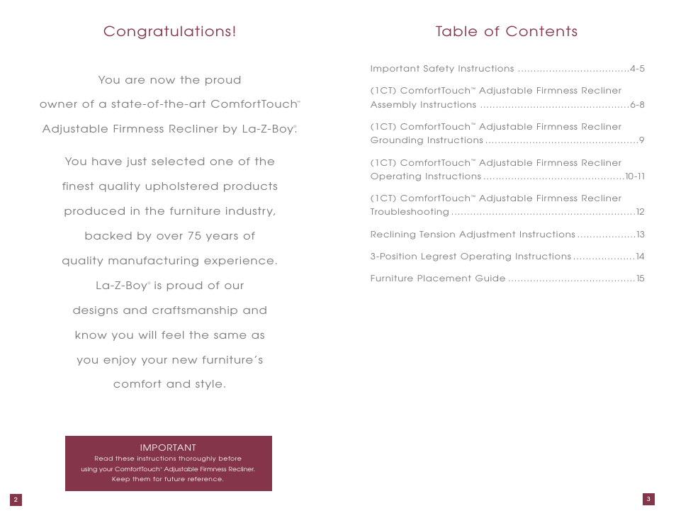 Ta ble of contents | La-Z-Boy ComfortTouch Adjustable Firmness Recliner User Manual | Page 2 / 22