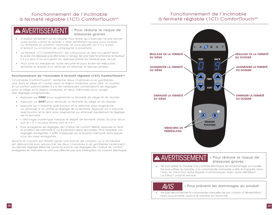 Avis avertissement avertissement | La-Z-Boy ComfortTouch Adjustable Firmness Recliner User Manual | Page 20 / 22
