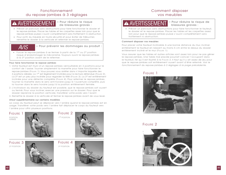 Avertissement avis avertissement, Fonctionnement du repose-jambes à 3 réglages f, Comment disposer vos meubles f | La-Z-Boy ComfortTouch Adjustable Firmness Recliner User Manual | Page 22 / 22