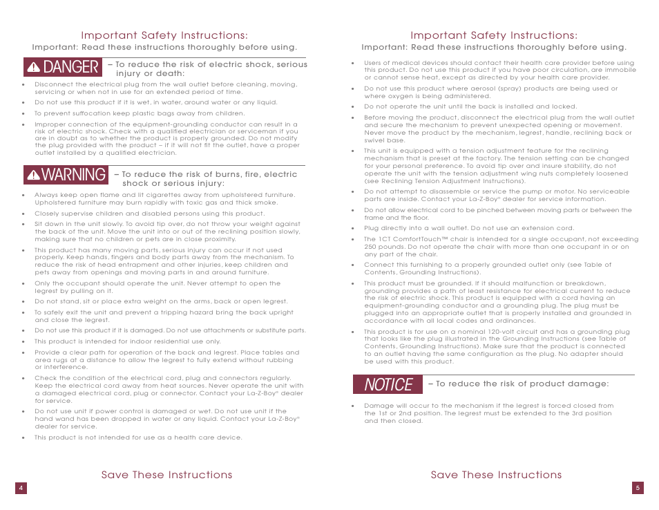 Danger, Warning notice, Save these instr uctions | Impor tant safety instr uctions | La-Z-Boy ComfortTouch Adjustable Firmness Recliner User Manual | Page 3 / 22