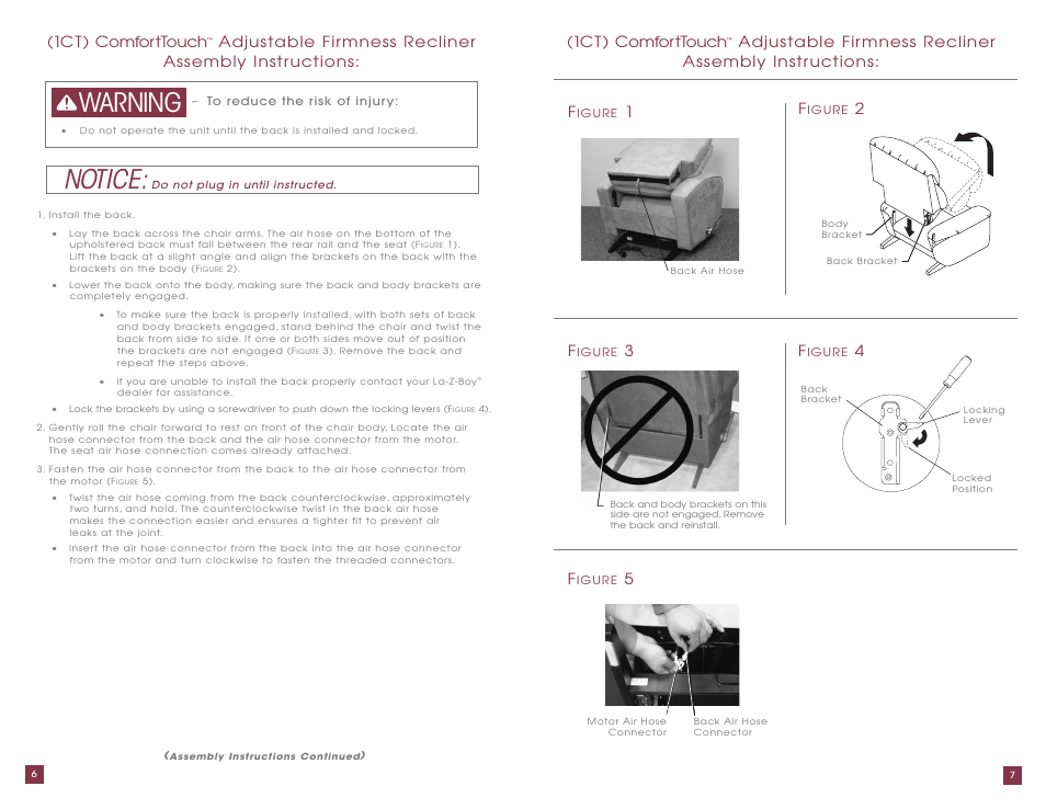 Notice, Warning, 1ct) comforttouch | La-Z-Boy ComfortTouch Adjustable Firmness Recliner User Manual | Page 4 / 22
