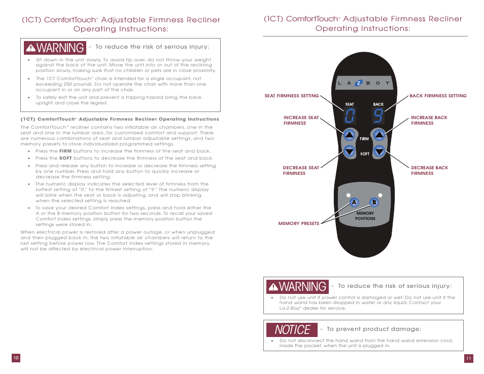 Notice warning warning, 1ct) comforttouch | La-Z-Boy ComfortTouch Adjustable Firmness Recliner User Manual | Page 6 / 22