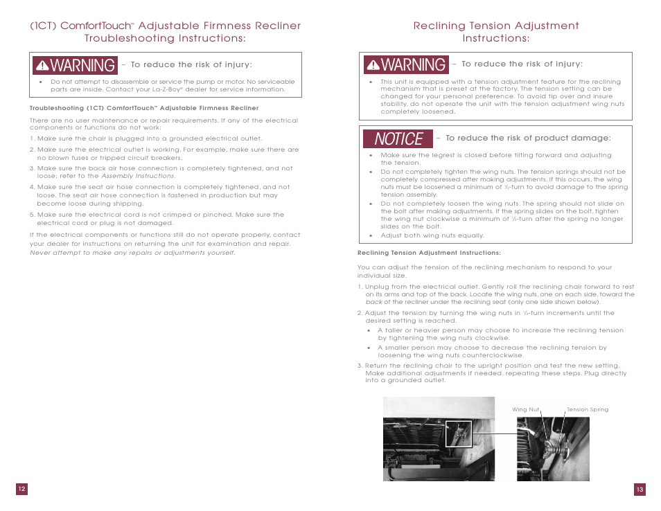 Notice warning warning, 1ct) comforttouch, Reclining tension adjustment instr uctions | La-Z-Boy ComfortTouch Adjustable Firmness Recliner User Manual | Page 7 / 22