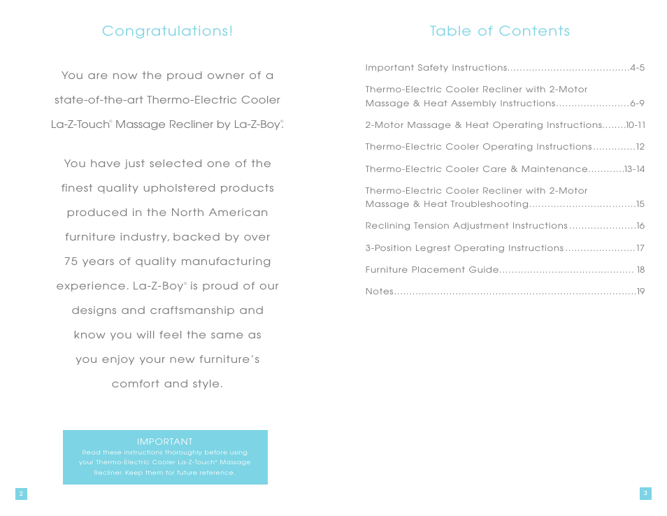 Ta ble of contents | La-Z-Boy La-Z-Touch Cooler Recliner with Massage & Heat prior to 11/27/2011 User Manual | Page 2 / 28