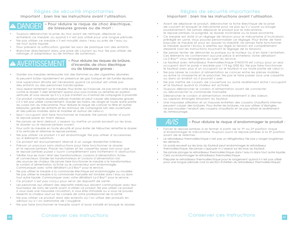 Danger avis avertissement, Règles de sécur ité impor tantes, Conser ver ces instr uctions | La-Z-Boy La-Z-Touch Cooler Recliner with Massage & Heat prior to 11/27/2011 User Manual | Page 21 / 28