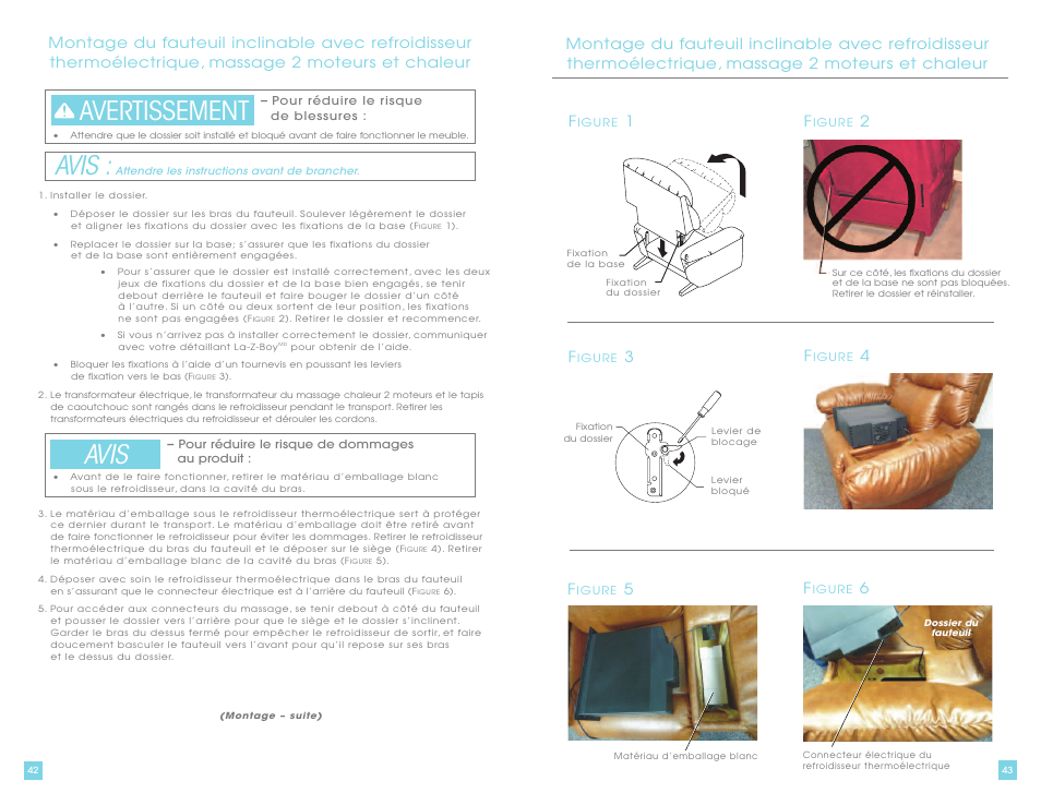 Avis, Avis avertissement | La-Z-Boy La-Z-Touch Cooler Recliner with Massage & Heat prior to 11/27/2011 User Manual | Page 22 / 28