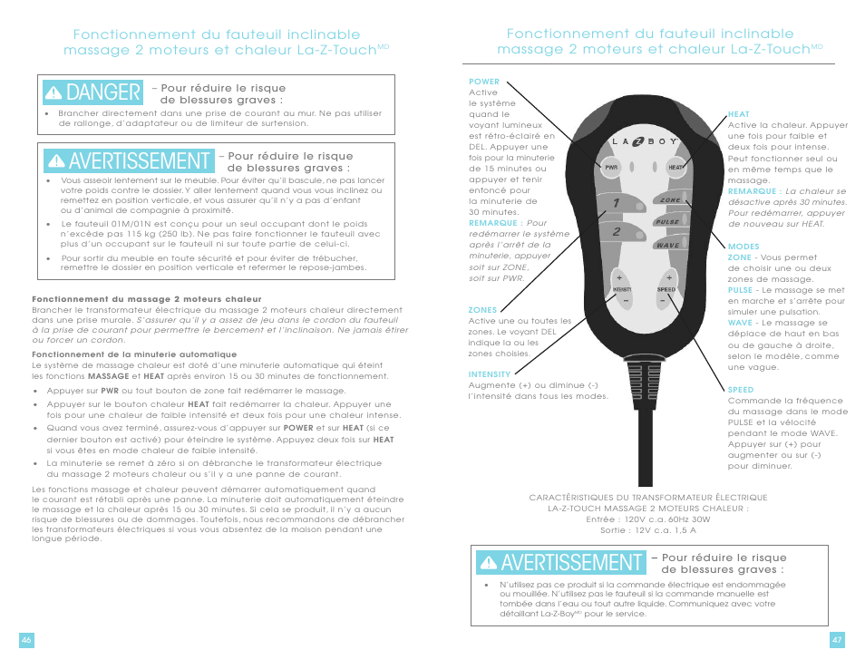Danger, Avertissement | La-Z-Boy La-Z-Touch Cooler Recliner with Massage & Heat prior to 11/27/2011 User Manual | Page 24 / 28