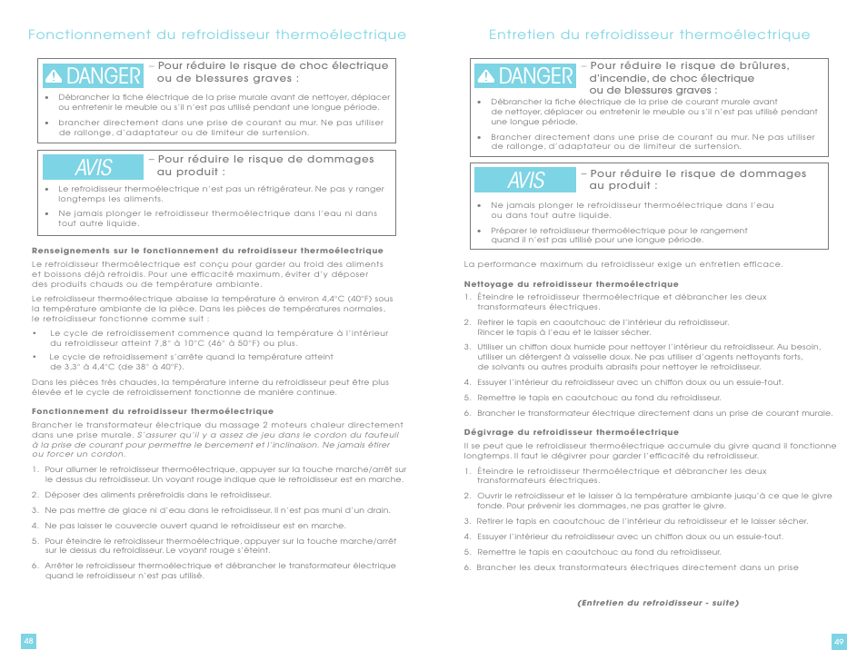 Danger avis, Fonctionnement du refroidisseur ther moélectr ique, Entretien du refroidisseur ther moélectr ique | La-Z-Boy La-Z-Touch Cooler Recliner with Massage & Heat prior to 11/27/2011 User Manual | Page 25 / 28