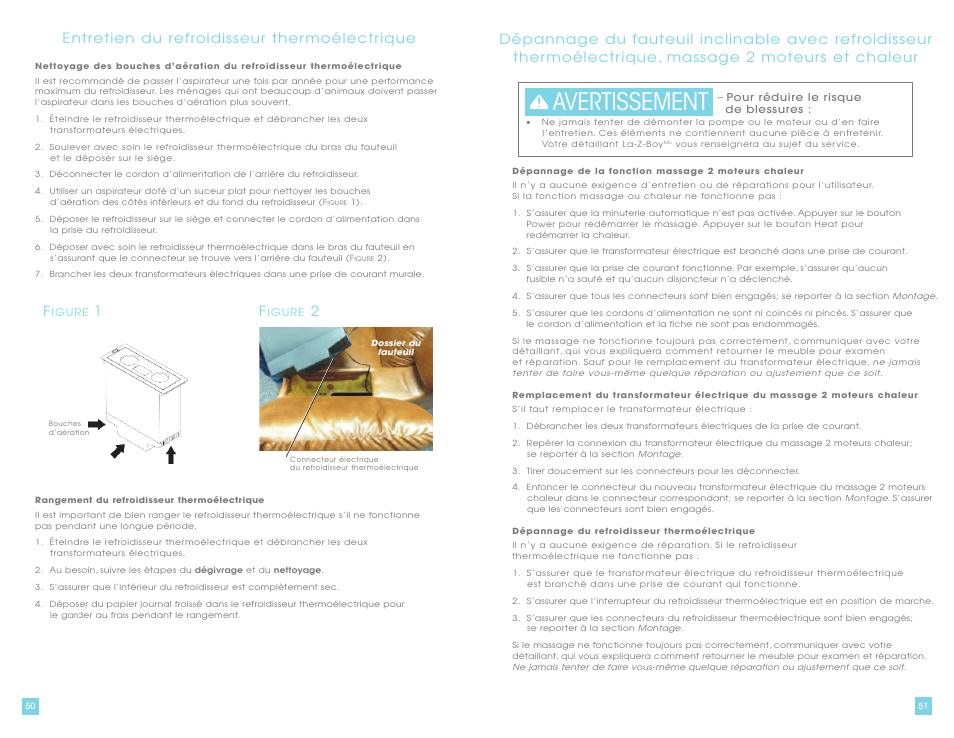 Avertissement, Entretien du refroidisseur ther moélectr ique | La-Z-Boy La-Z-Touch Cooler Recliner with Massage & Heat prior to 11/27/2011 User Manual | Page 26 / 28