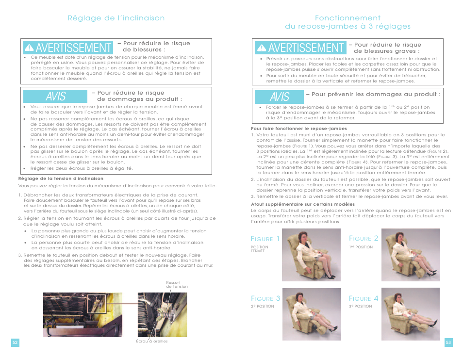 Avertissement avis, Réglage de l’inclinaison, Fonctionnement du repose-jambes à 3 réglages f | La-Z-Boy La-Z-Touch Cooler Recliner with Massage & Heat prior to 11/27/2011 User Manual | Page 27 / 28