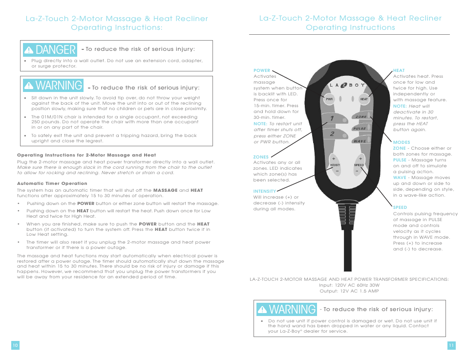 Danger warning, Warning | La-Z-Boy La-Z-Touch Cooler Recliner with Massage & Heat prior to 11/27/2011 User Manual | Page 6 / 28