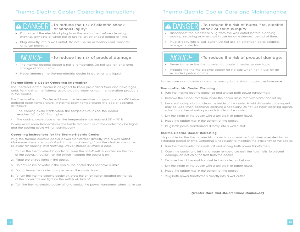 Danger notice, Ther mo-electr ic cooler operating instr uctions, Ther mo-electr ic cooler care and maintenance | La-Z-Boy La-Z-Touch Cooler Recliner with Massage & Heat prior to 11/27/2011 User Manual | Page 7 / 28