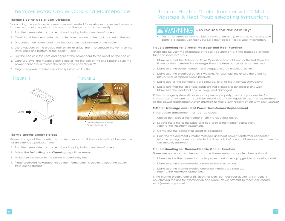 Warning, Ther mo-electr ic cooler care and maintenance | La-Z-Boy La-Z-Touch Cooler Recliner with Massage & Heat prior to 11/27/2011 User Manual | Page 8 / 28