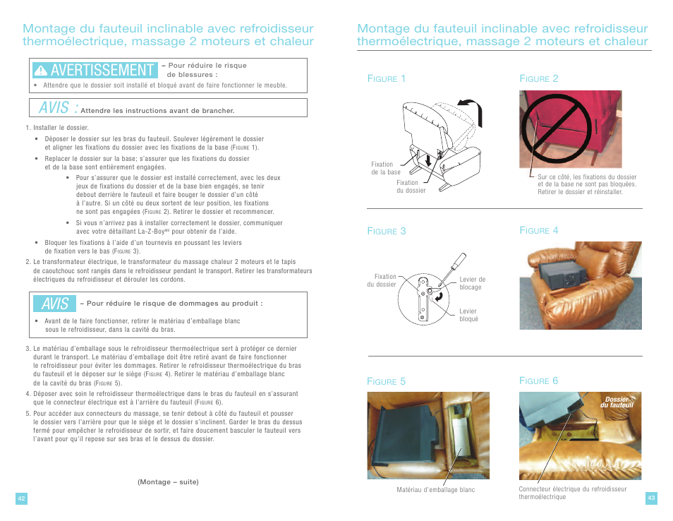 Avis, Avertissement | La-Z-Boy La-Z-Touch Cooler Recliner with Massage & Heat 11/27/2011 User Manual | Page 22 / 28