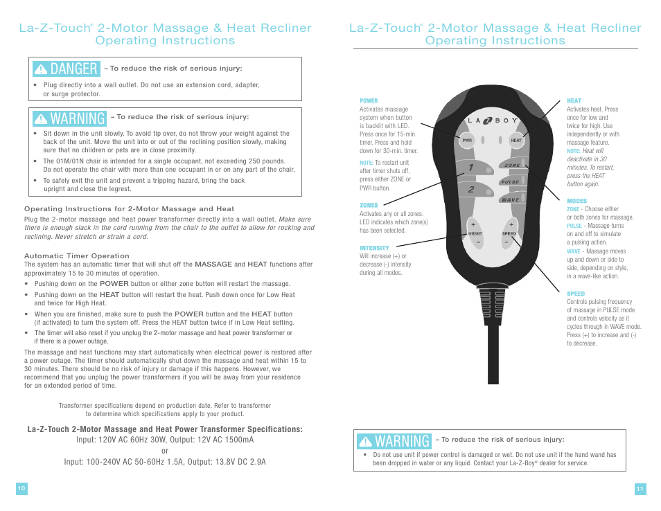Danger warning, Warning, La-z-touch | La-Z-Boy La-Z-Touch Cooler Recliner with Massage & Heat 11/27/2011 User Manual | Page 6 / 28