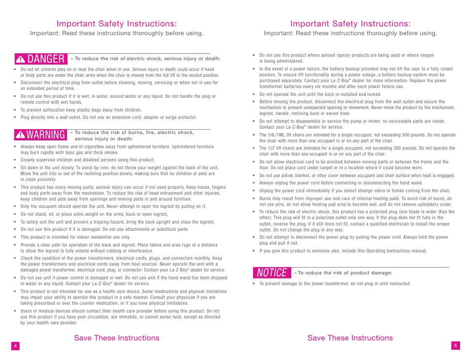 Danger warning, Notice, Important safety instructions | Save these instructions | La-Z-Boy Luxury-Lift Power Recliner User Manual | Page 3 / 38