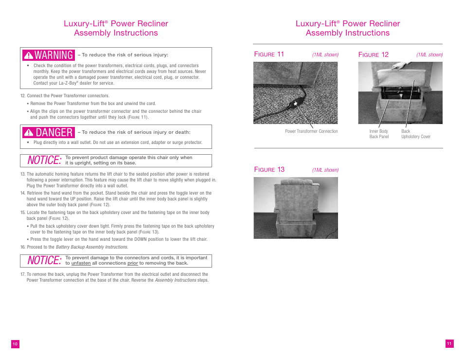 Notice, Warning, Danger | Luxury-lift, Power recliner assembly instructions luxury-lift, Power recliner assembly instructions | La-Z-Boy Luxury-Lift Power Recliner User Manual | Page 6 / 38