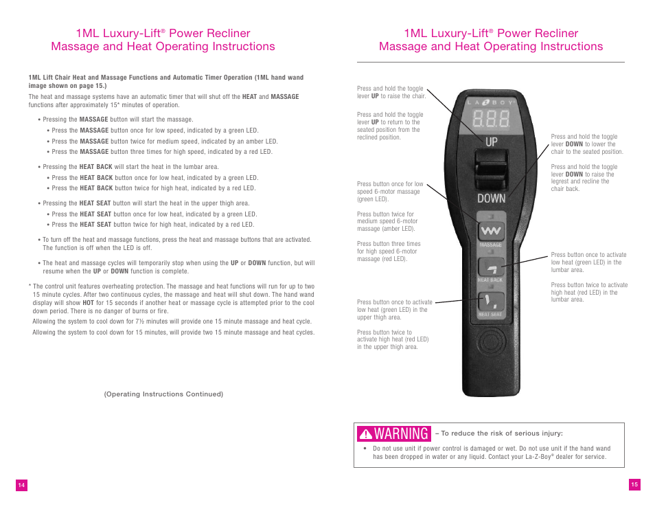 Warning, 1ml luxury-lift | La-Z-Boy Luxury-Lift Power Recliner User Manual | Page 8 / 38