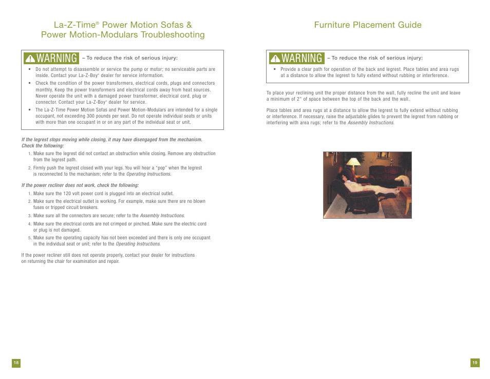 Warning, La-z-time, Furniture placement guide | La-Z-Boy Power Recline prior to 11/28/2011 User Manual | Page 10 / 28