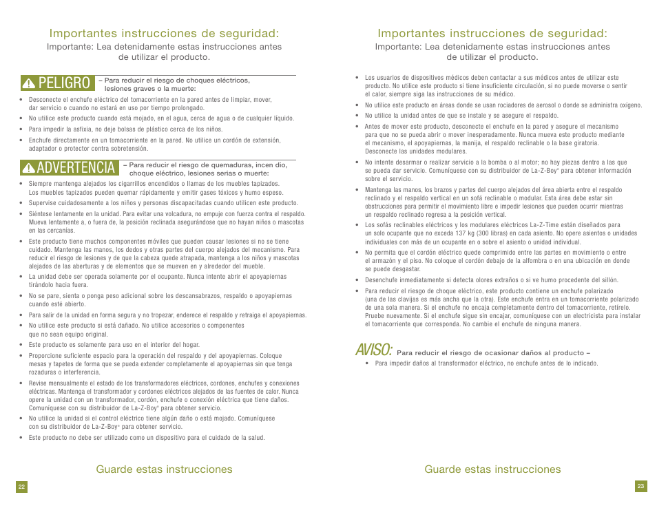 Aviso, Peligro advertencia, Importantes instrucciones de seguridad | Guarde estas instrucciones | La-Z-Boy Power Recline prior to 11/28/2011 User Manual | Page 12 / 28