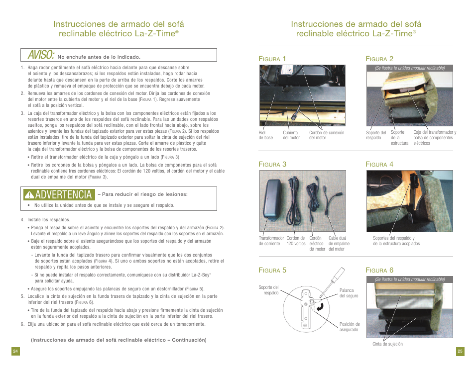 Aviso, Advertencia | La-Z-Boy Power Recline prior to 11/28/2011 User Manual | Page 13 / 28