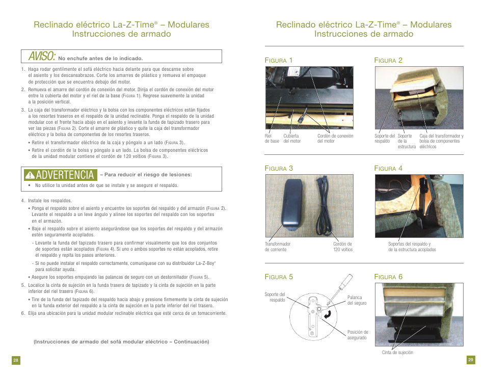 Aviso, Advertencia, Reclinado eléctrico la-z-time | Modulares instrucciones de armado | La-Z-Boy Power Recline prior to 11/28/2011 User Manual | Page 15 / 28