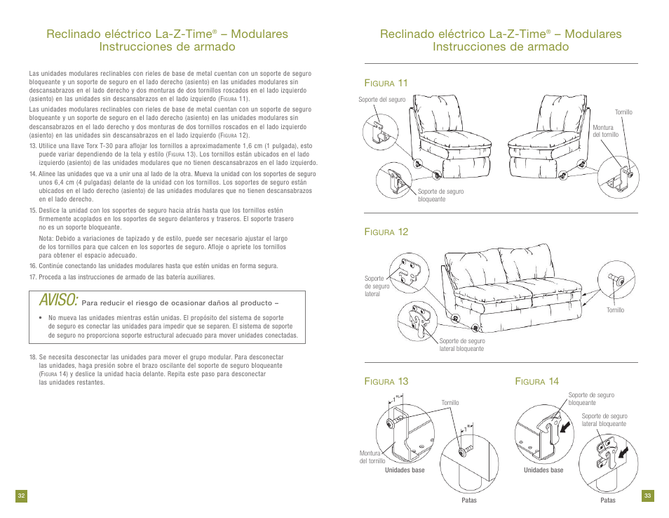 Aviso, Reclinado eléctrico la-z-time, Modulares instrucciones de armado | 11 f, 12 f, 13 f | La-Z-Boy Power Recline prior to 11/28/2011 User Manual | Page 17 / 28