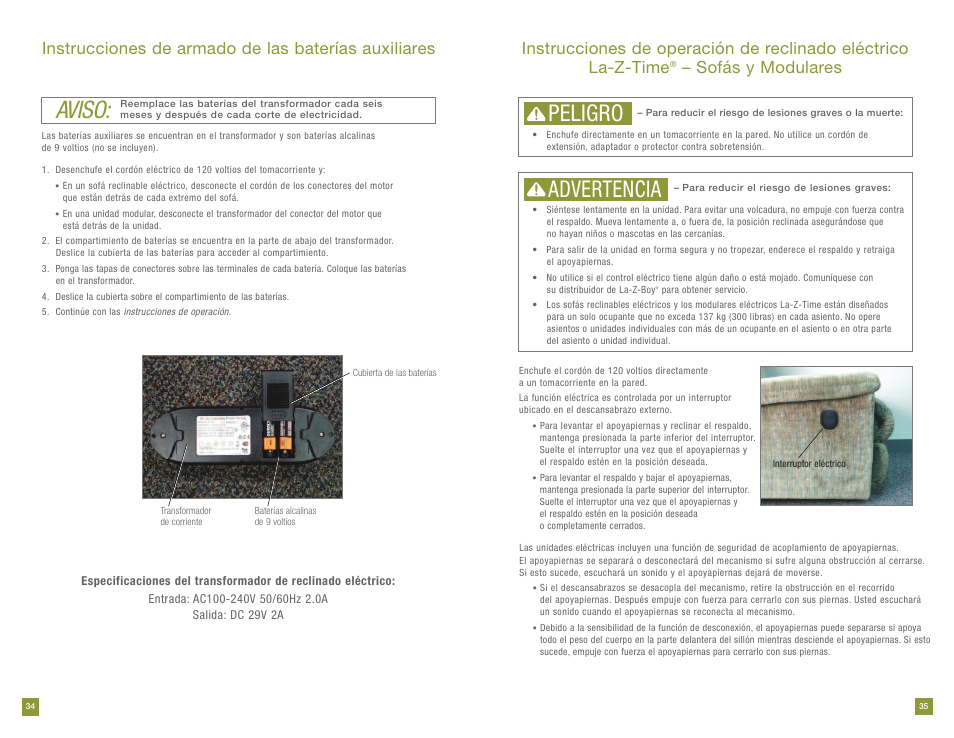 Aviso, Peligro, Advertencia | Instrucciones de armado de las baterías auxiliares, Sofás y modulares | La-Z-Boy Power Recline prior to 11/28/2011 User Manual | Page 18 / 28