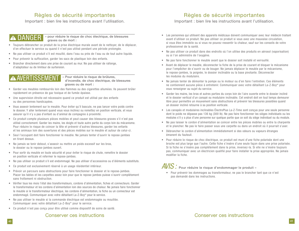 Avis, Danger avertissement, Règles de sécurité importantes | Conserver ces instructions | La-Z-Boy Power Recline prior to 11/28/2011 User Manual | Page 21 / 28
