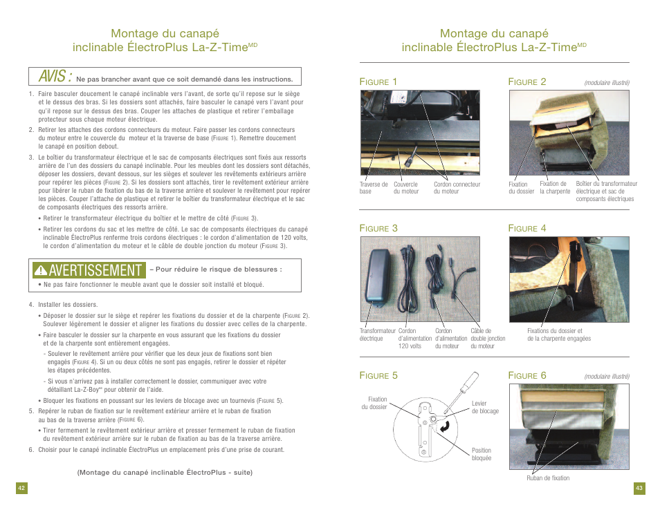 Avis, Avertissement, Montage du canapé inclinable électroplus la-z-time | La-Z-Boy Power Recline prior to 11/28/2011 User Manual | Page 22 / 28