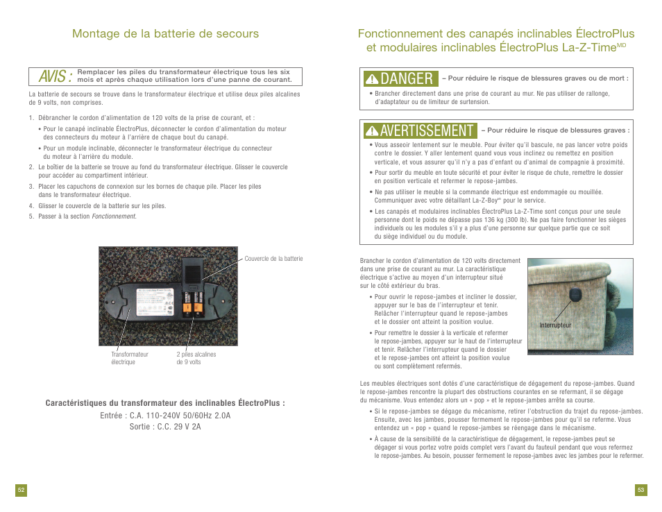 Avis, Danger, Avertissement | Montage de la batterie de secours | La-Z-Boy Power Recline prior to 11/28/2011 User Manual | Page 27 / 28