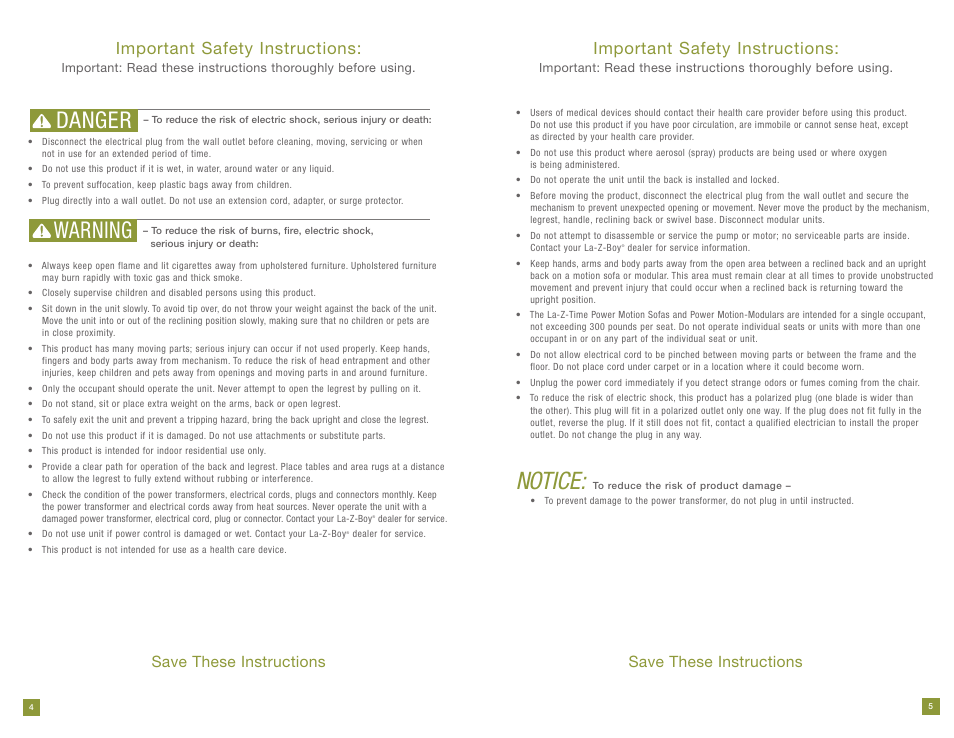 Notice, Danger warning, Important safety instructions | Save these instructions | La-Z-Boy Power Recline prior to 11/28/2011 User Manual | Page 3 / 28