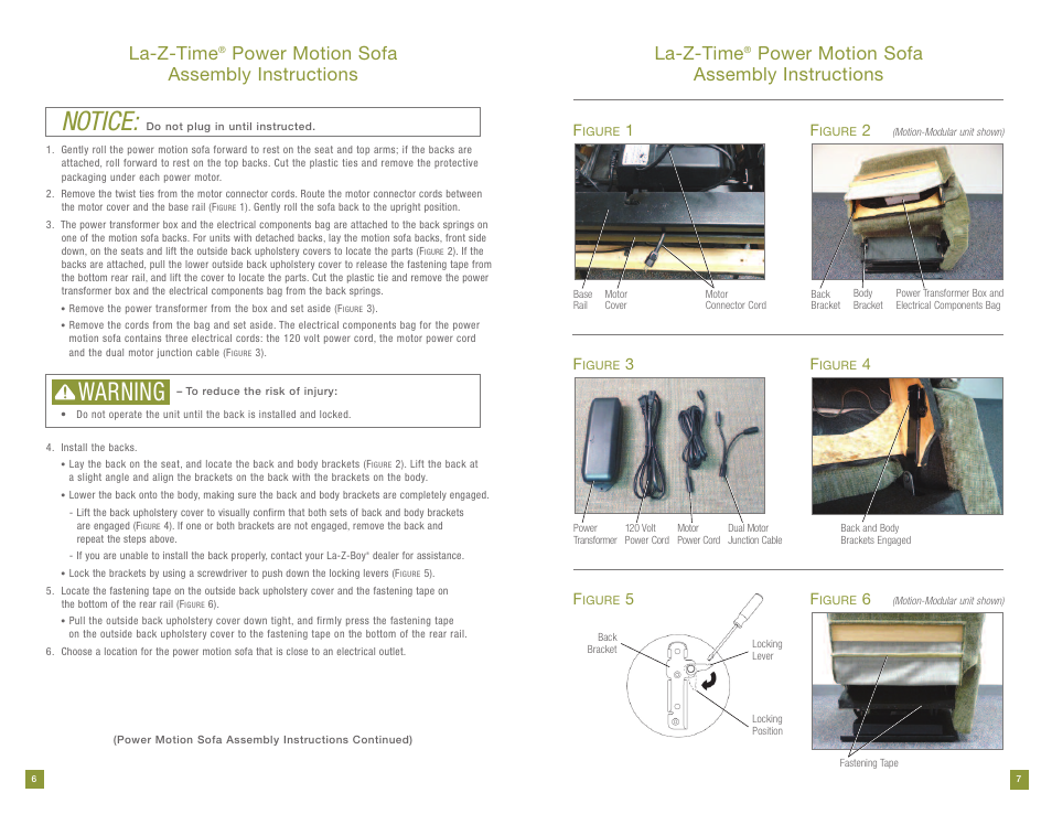 Notice, Warning, La-z-time | Power motion sofa assembly instructions | La-Z-Boy Power Recline prior to 11/28/2011 User Manual | Page 4 / 28
