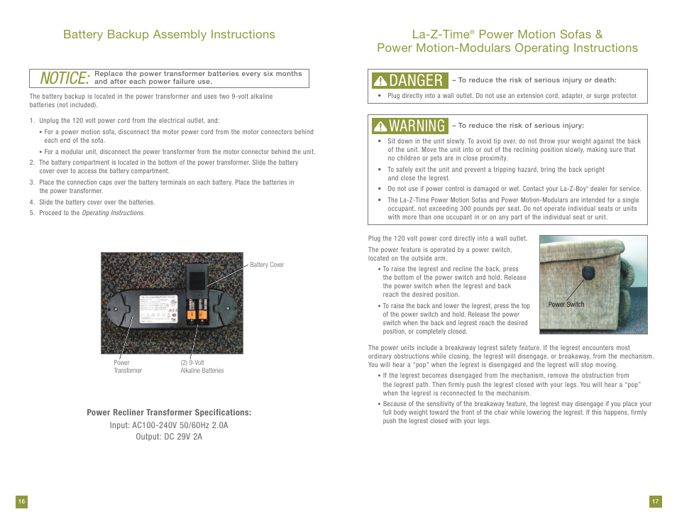 Notice, Danger, Warning | Battery backup assembly instructions, La-z-time | La-Z-Boy Power Recline prior to 11/28/2011 User Manual | Page 9 / 28