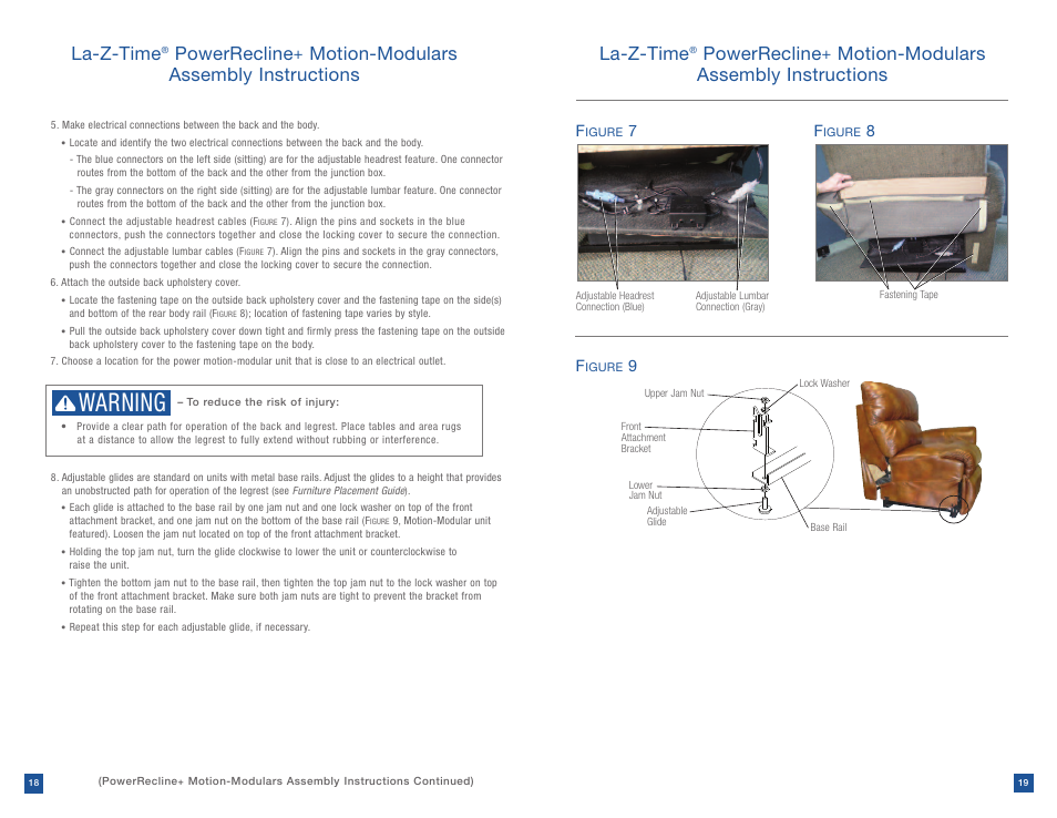 Warning, La-z-time, Powerrecline | Motion-modulars assembly instructions la-z-time, Motion-modulars assembly instructions | La-Z-Boy Power Recline after 12/31/2012 User Manual | Page 10 / 46