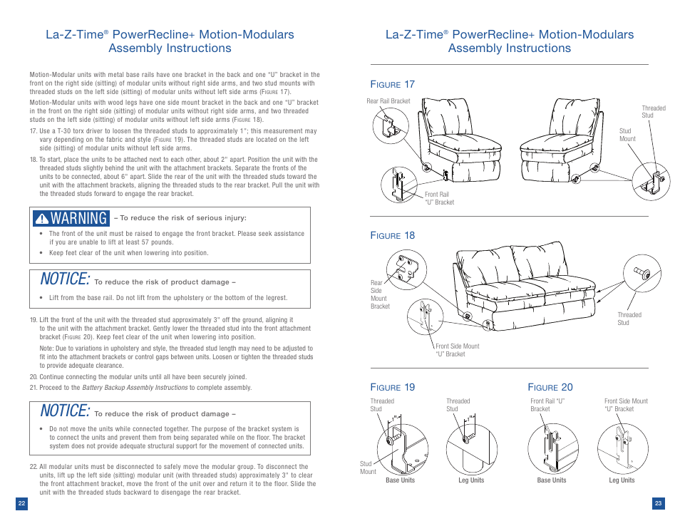 Notice, Warning, La-z-time | Powerrecline, Motion-modulars assembly instructions la-z-time, Motion-modulars assembly instructions | La-Z-Boy Power Recline after 12/31/2012 User Manual | Page 12 / 46