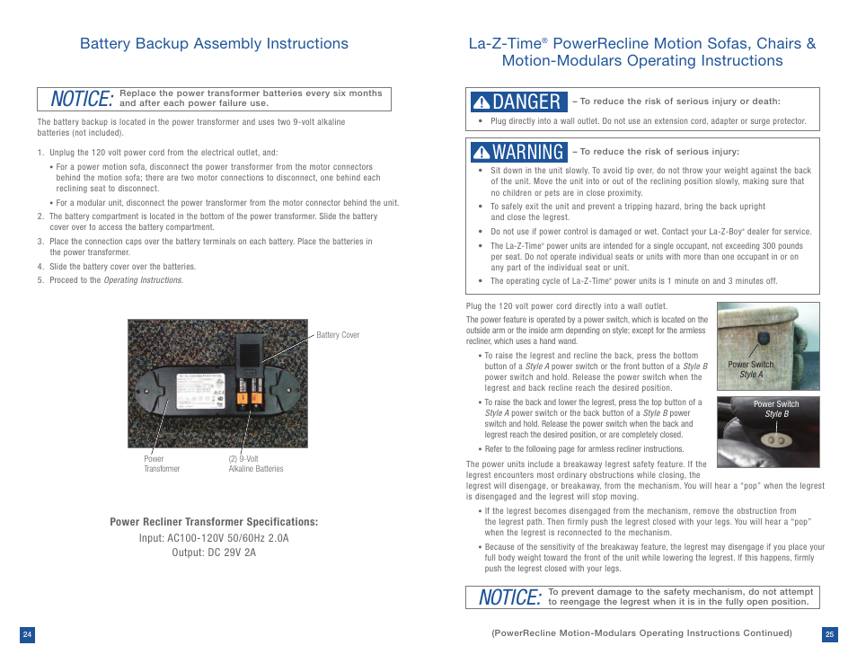 Notice, Danger, Warning | Battery backup assembly instructions, La-z-time | La-Z-Boy Power Recline after 12/31/2012 User Manual | Page 13 / 46