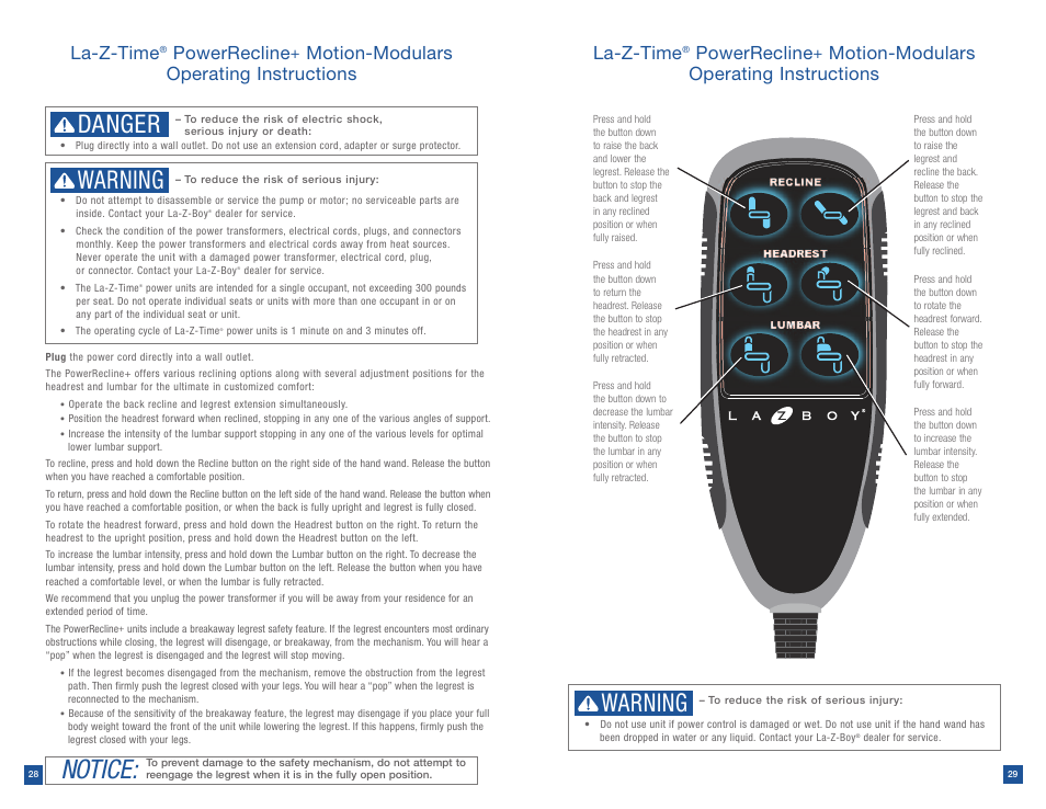 Notice, Danger, Warning | La-z-time, Powerrecline, Motion-modulars operating instructions la-z-time, Motion-modulars operating instructions | La-Z-Boy Power Recline after 12/31/2012 User Manual | Page 15 / 46