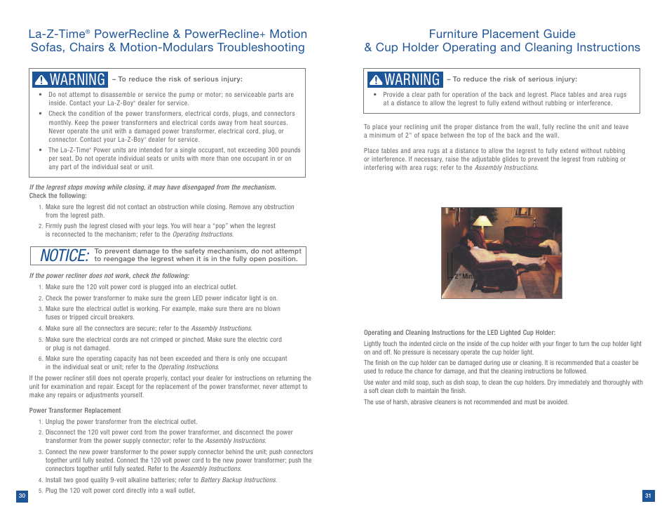 Notice, Warning, La-z-time | Powerrecline & powerrecline | La-Z-Boy Power Recline after 12/31/2012 User Manual | Page 16 / 46