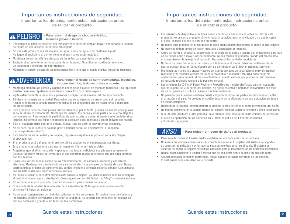 Peligro advertencia, Aviso, Importantes instrucciones de seguridad | Guarde estas instrucciones | La-Z-Boy Power Recline after 12/31/2012 User Manual | Page 18 / 46