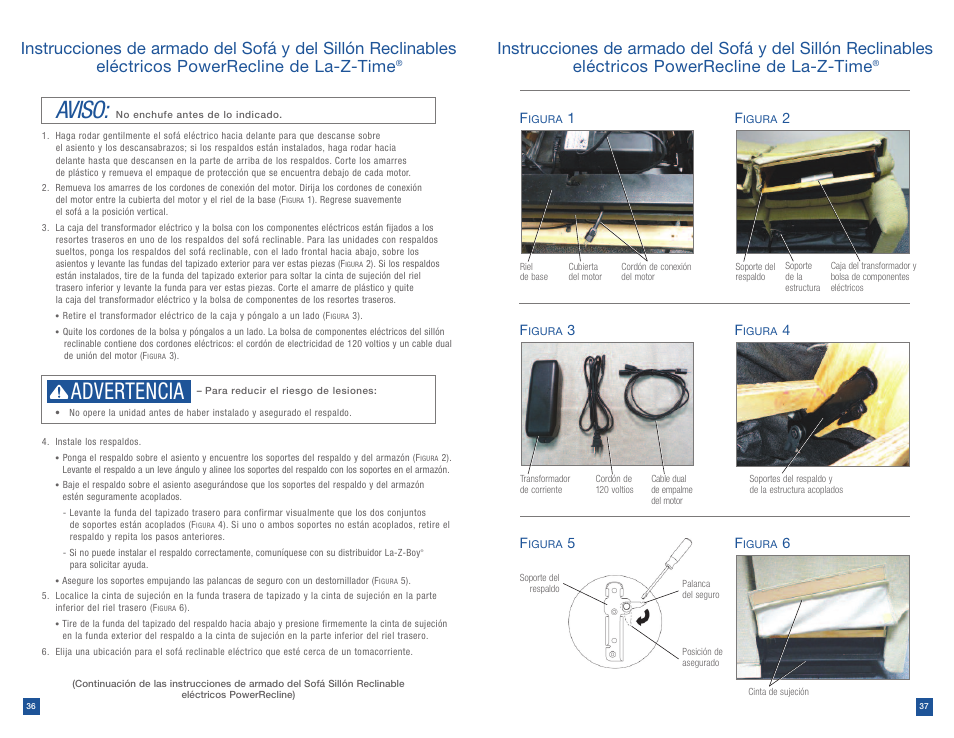 Aviso, Advertencia | La-Z-Boy Power Recline after 12/31/2012 User Manual | Page 19 / 46