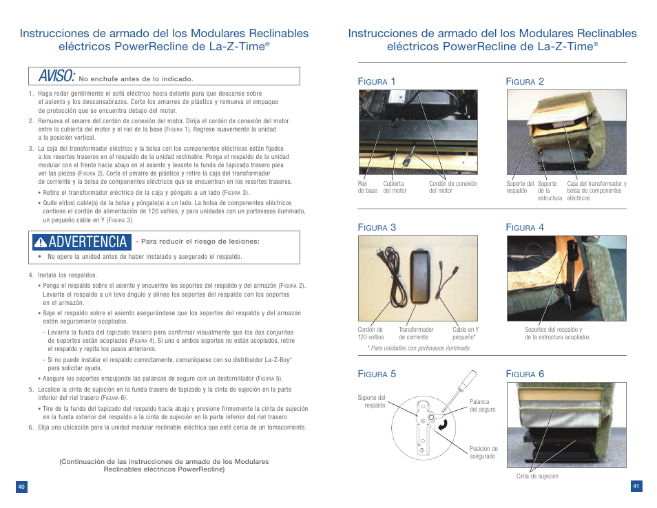 Aviso, Advertencia | La-Z-Boy Power Recline after 12/31/2012 User Manual | Page 21 / 46