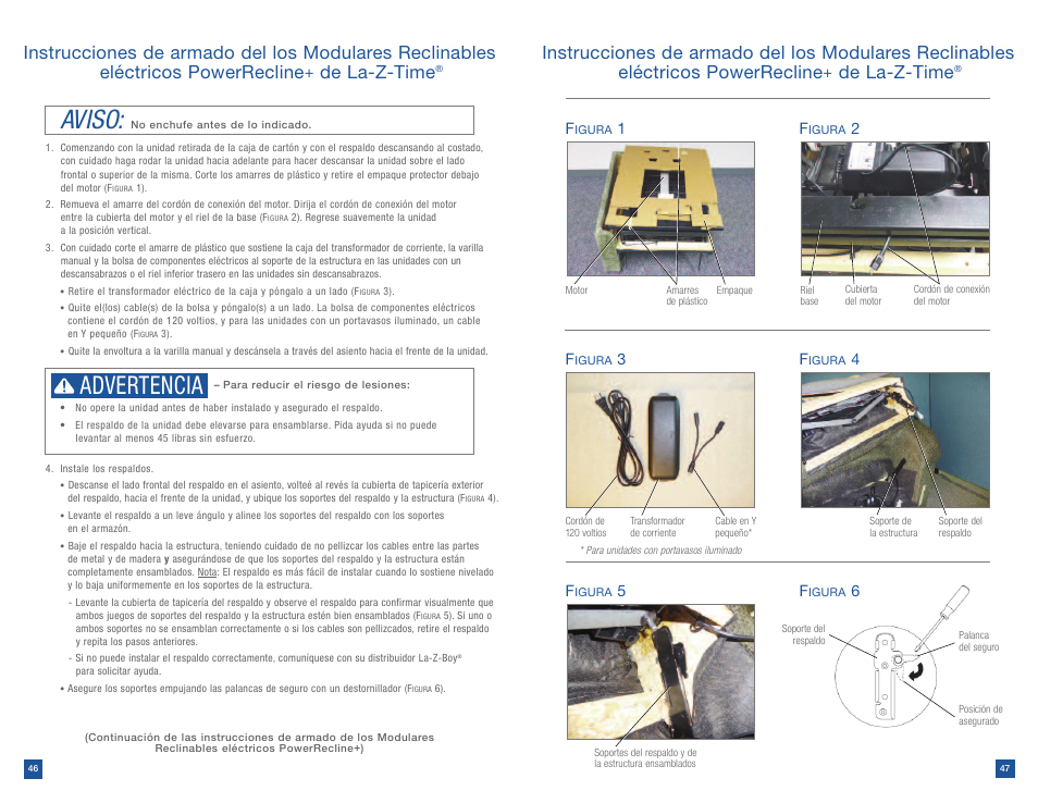Aviso, Advertencia, De la-z-time | La-Z-Boy Power Recline after 12/31/2012 User Manual | Page 24 / 46