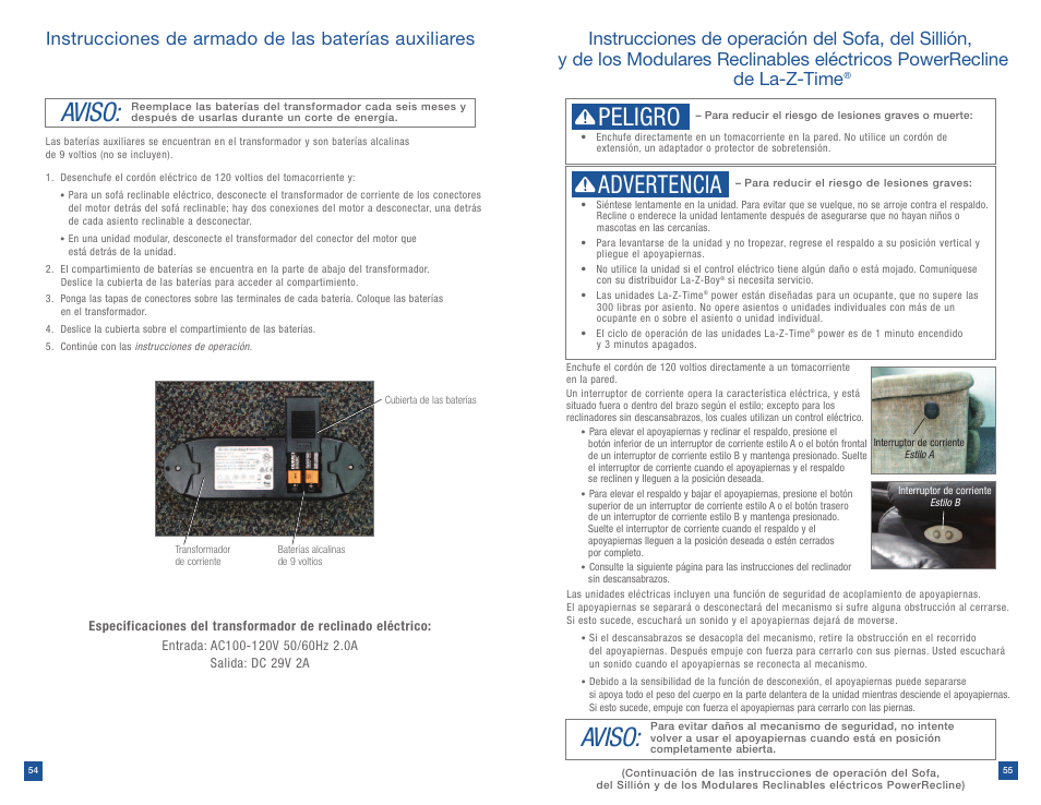 Aviso, Peligro, Advertencia | Instrucciones de armado de las baterías auxiliares | La-Z-Boy Power Recline after 12/31/2012 User Manual | Page 28 / 46