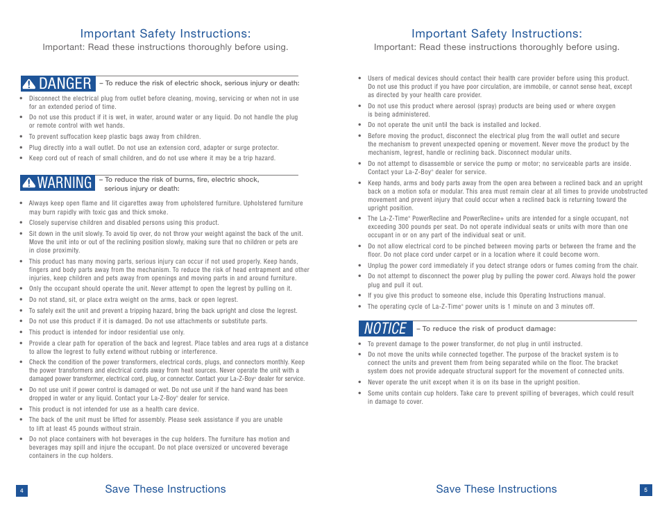 Danger warning, Notice, Important safety instructions | Save these instructions | La-Z-Boy Power Recline after 12/31/2012 User Manual | Page 3 / 46