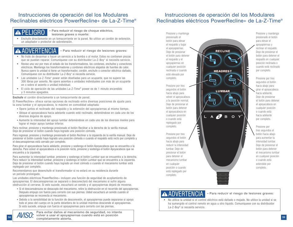 Aviso, Advertencia, Advertencia peligro | De la-z-time | La-Z-Boy Power Recline after 12/31/2012 User Manual | Page 30 / 46