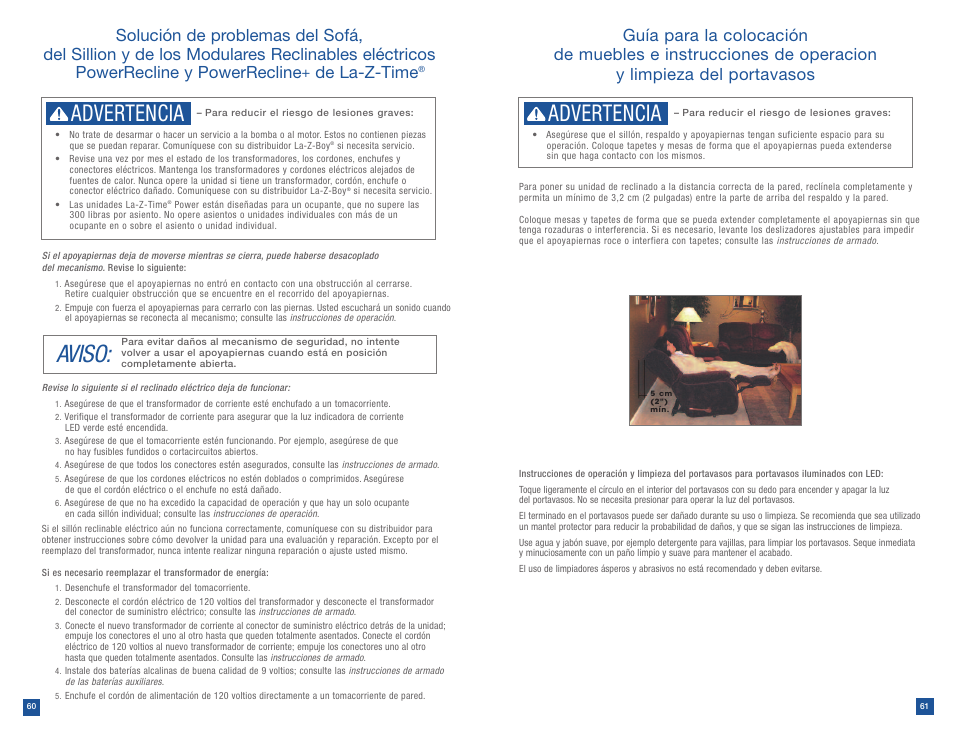 Aviso, Advertencia, De la-z-time | La-Z-Boy Power Recline after 12/31/2012 User Manual | Page 31 / 46