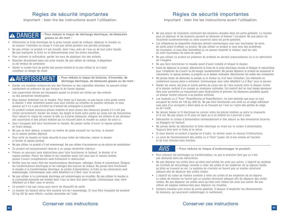 Danger avertissement, Avis, Règles de sécurité importantes | Conserver ces instructions | La-Z-Boy Power Recline after 12/31/2012 User Manual | Page 33 / 46