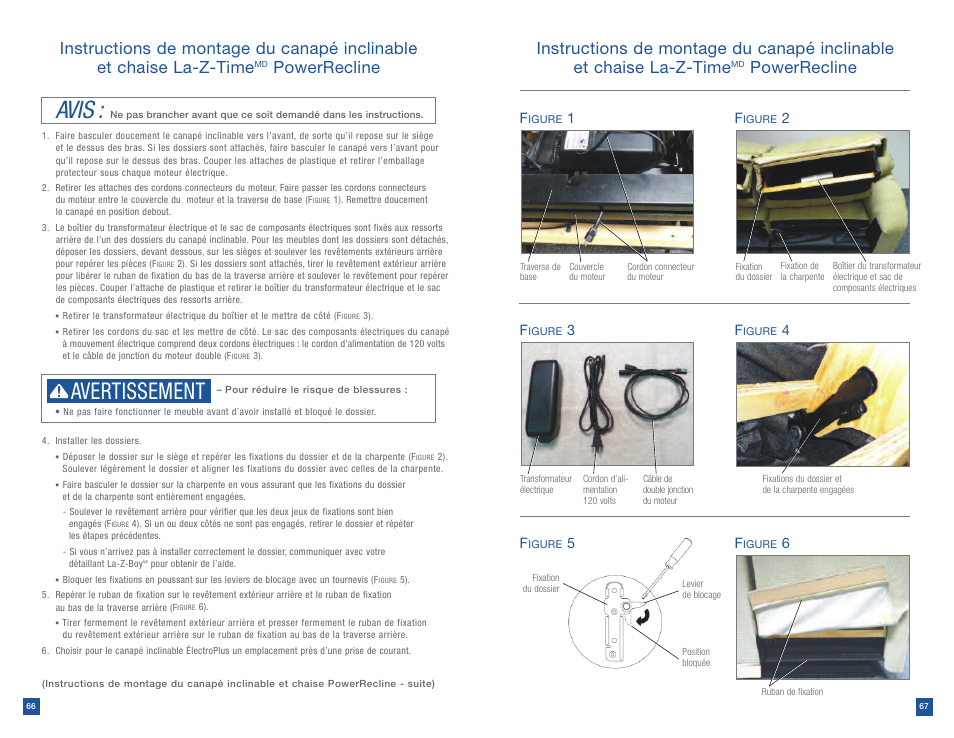 Avis, Avertissement, Powerrecline | La-Z-Boy Power Recline after 12/31/2012 User Manual | Page 34 / 46