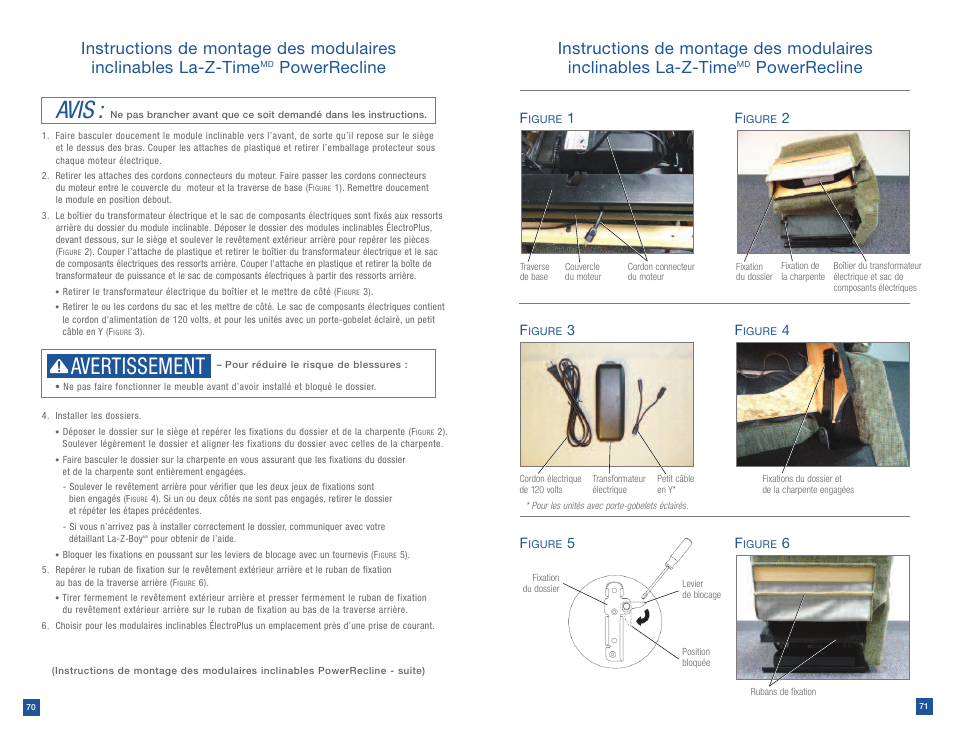 Avis, Avertissement, Powerrecline | La-Z-Boy Power Recline after 12/31/2012 User Manual | Page 36 / 46